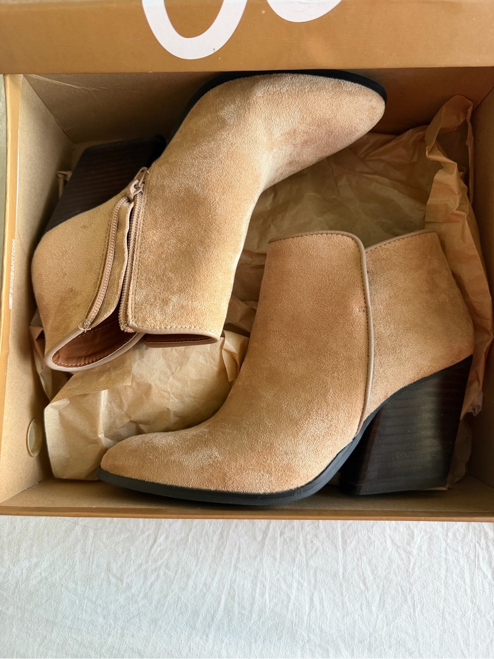 Women's Tan Suede Ankle Boots - Classic Zip Block Heel